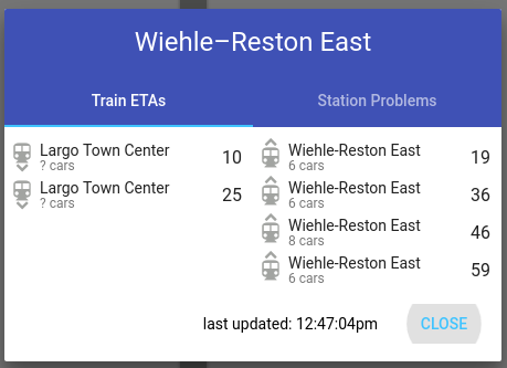 From MetroHero: the next trains to depart Wiehle for Largo leave in 10 and 25 minutes